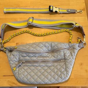 MZ Wallace Crosby Sling Light Gray Quilted Crossbody Bag with Yellow Accents